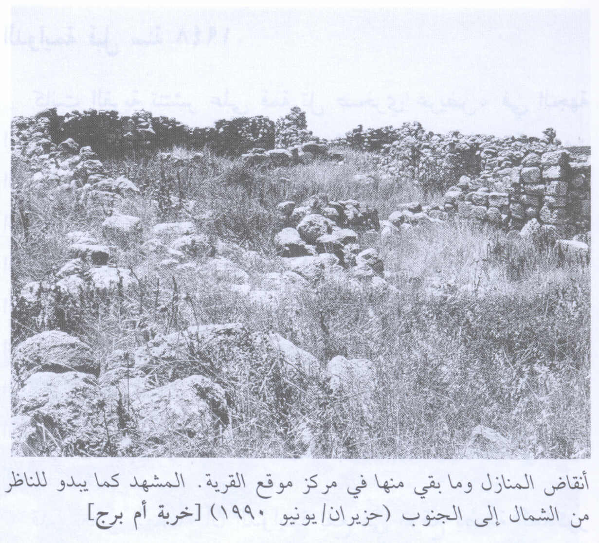 صورة لقرية خربة أم برج - فلسطين: : منظر في الاتجاه الجنوبي من مركز القرية التي دمرها الصهاينة وطهروا سكانها عرقياً، اُنقر الصورة لتكبيرها. 1990